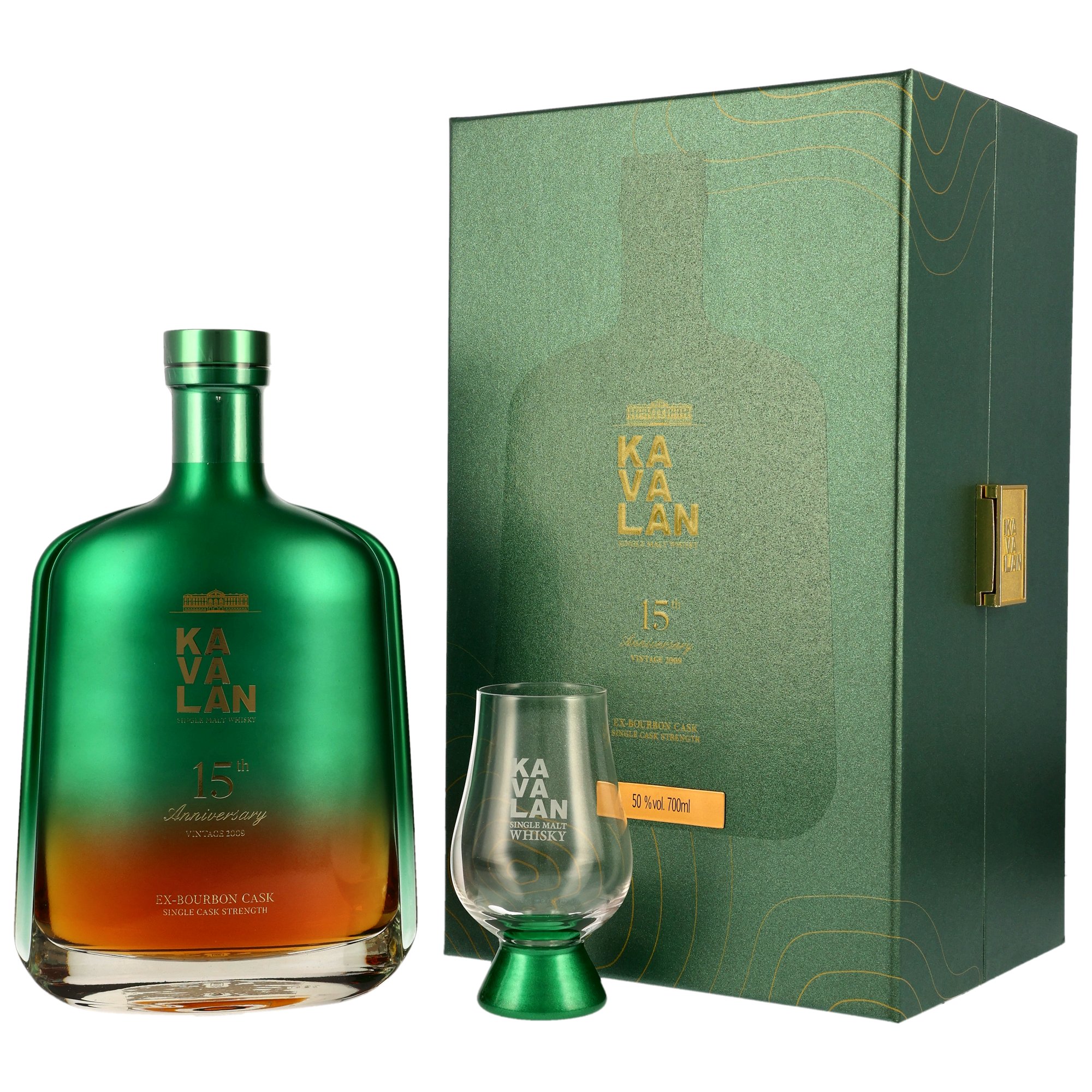 Kavalan 2009/2024 - 15 y.o. - Ex-Bourbon Cask #B090814025B - 15th Anniversary inc. Glas und Untersetzer