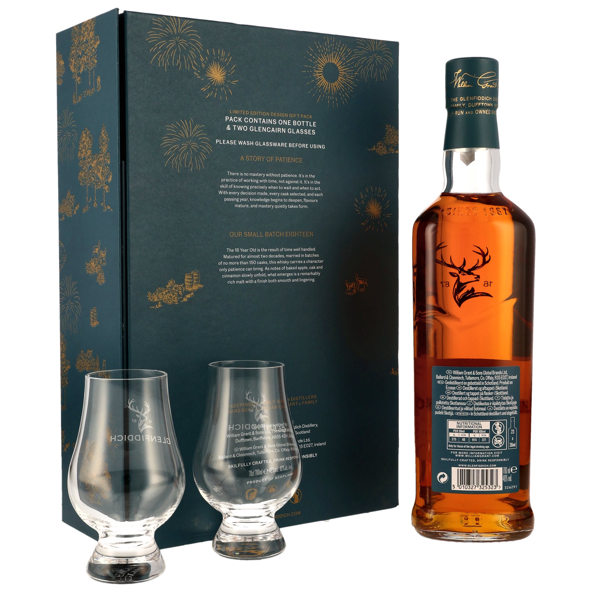Glenfiddich 18 y.o. Limited Edition Design 2026 mit 2 x Glencairn-Glas