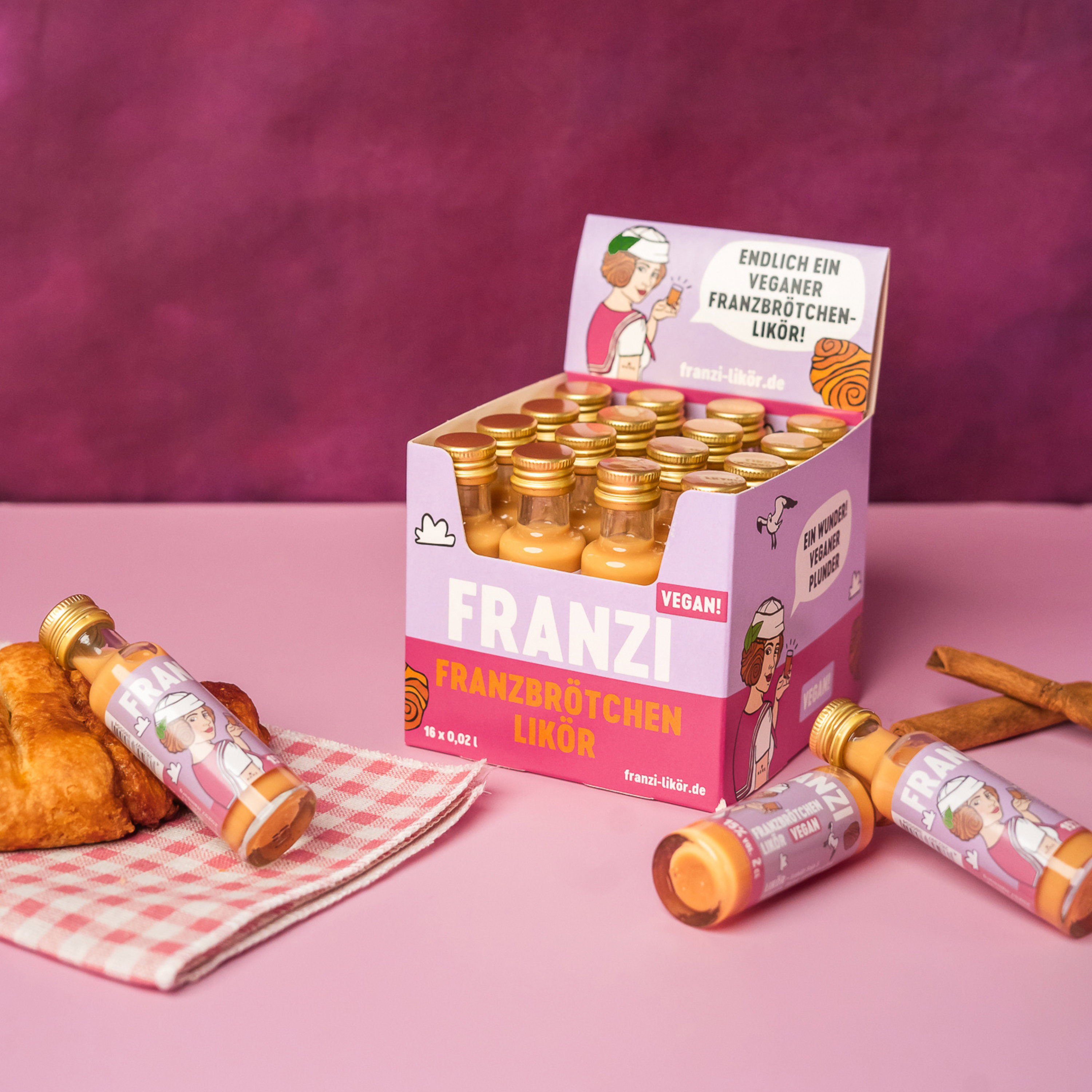 Franzi Franzbrötchenlikör Miniaturbox - Vegan - VPE: 16x0,02