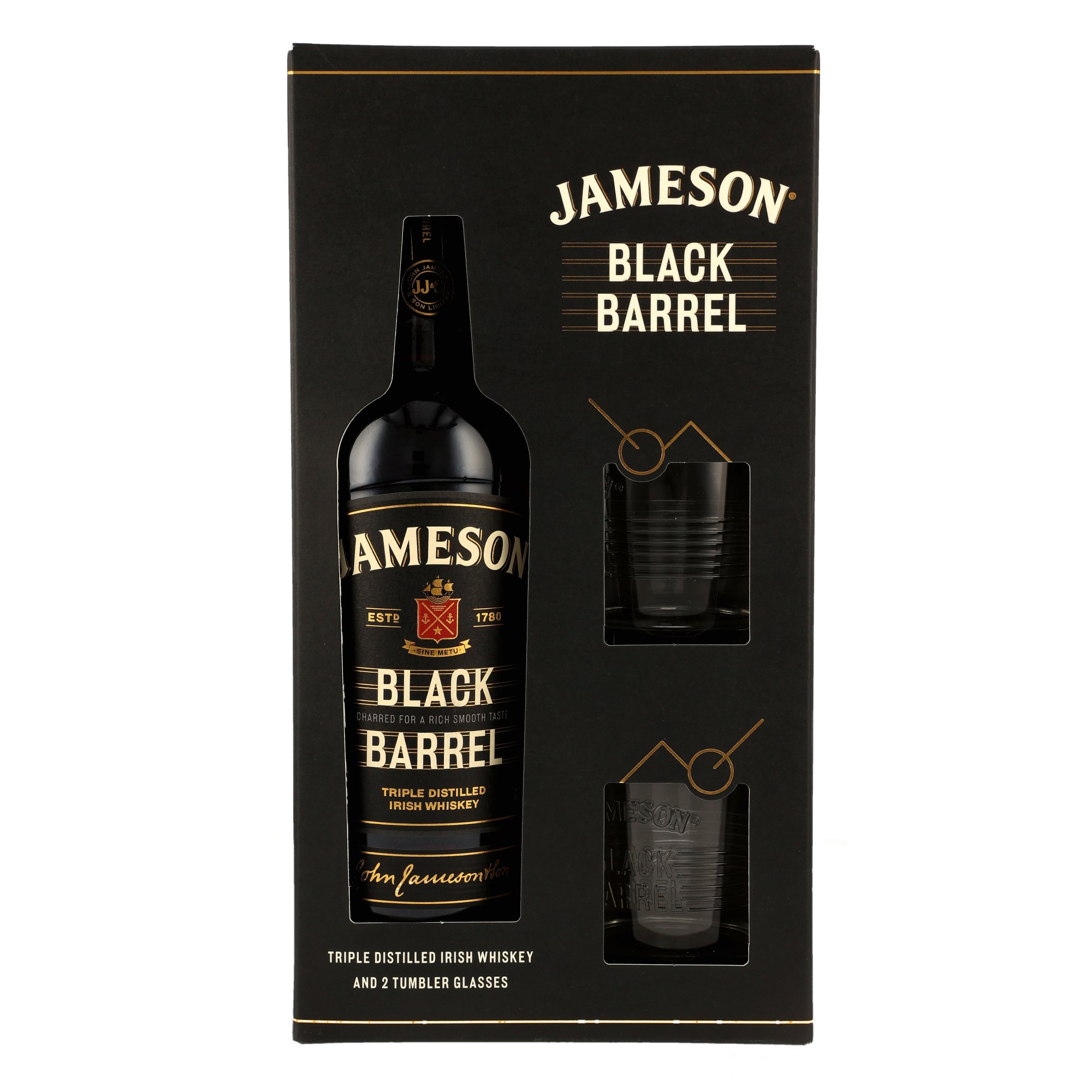 Jameson Black Barrel mit 2 Tumblern