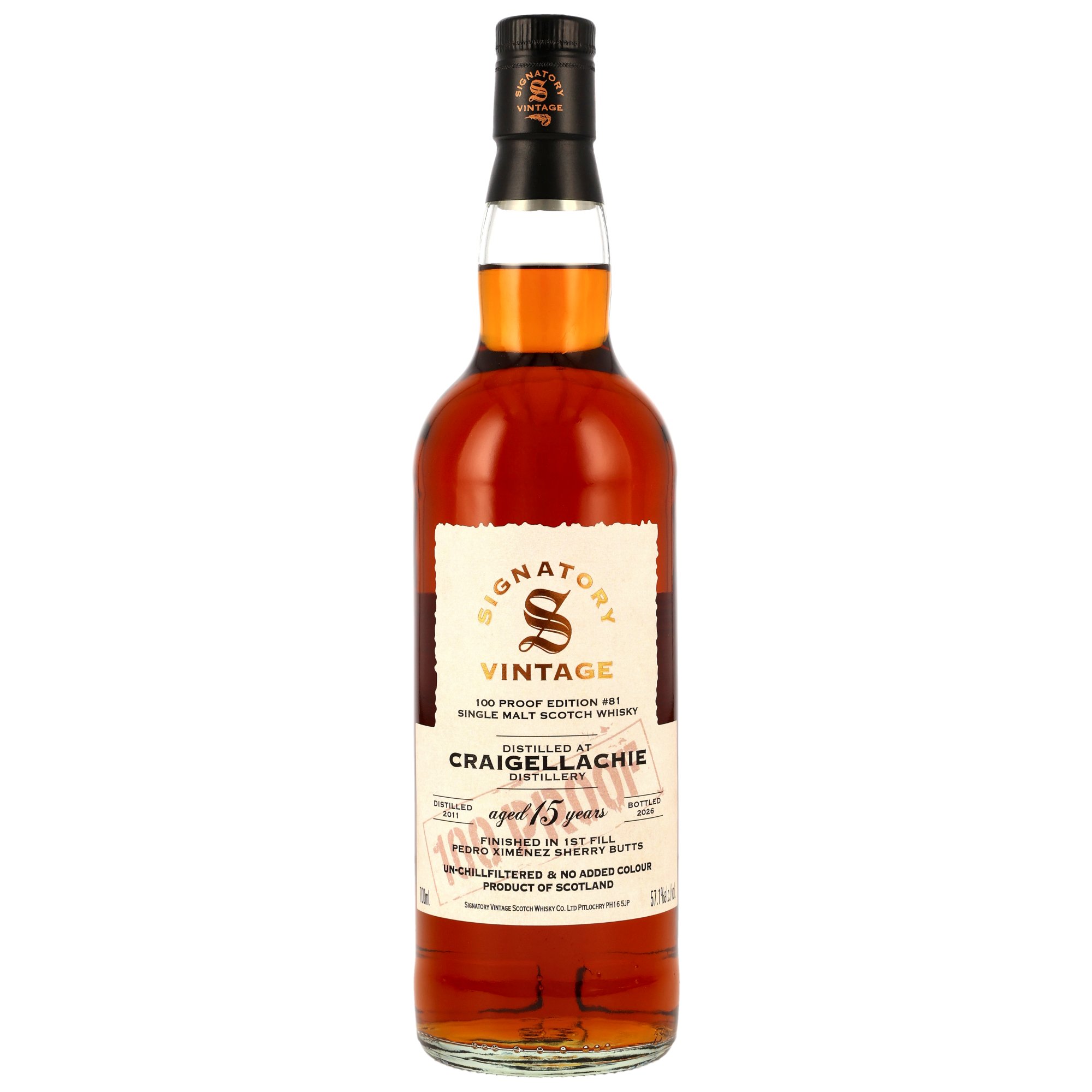 Craigellachie 2011/2026 - 15 y.o. - 1st Fill PX Sherry Butts Finish- Signatory 100 PROOF Edition #81