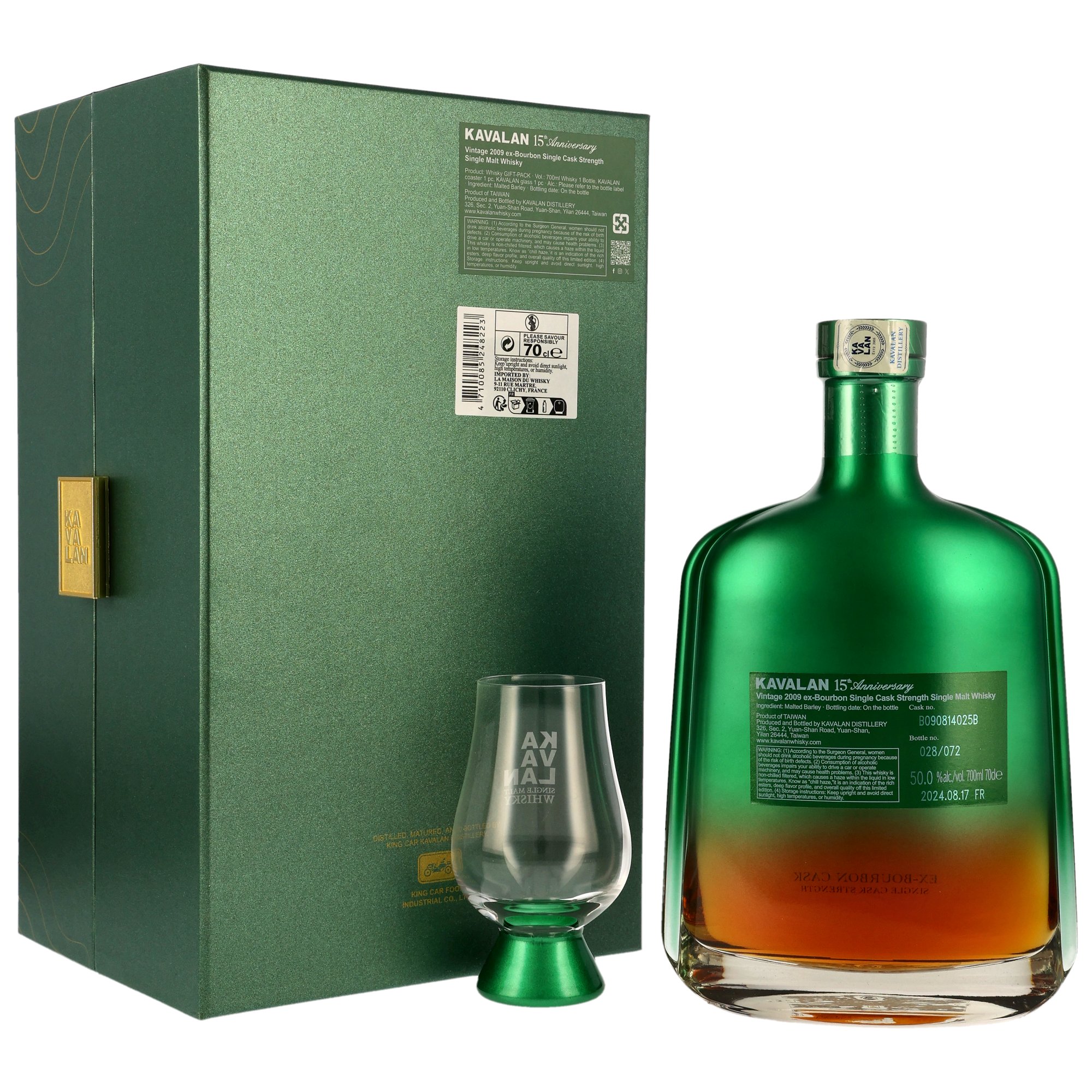 Kavalan 2009/2024 - 15 y.o. - Ex-Bourbon Cask #B090814025B - 15th Anniversary inc. Glas und Untersetzer