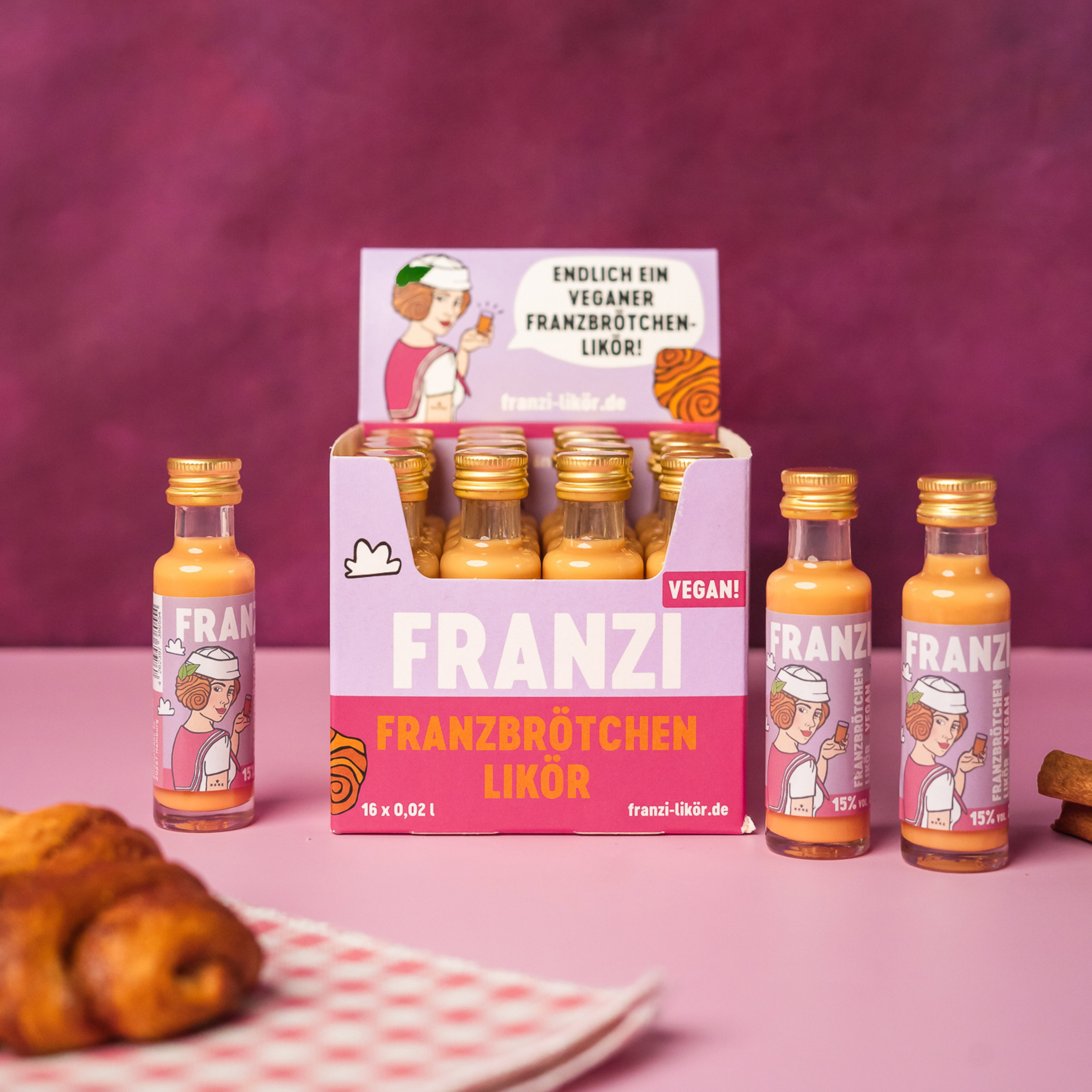Franzi Franzbrötchenlikör Miniaturbox - Vegan - VPE: 16x0,02