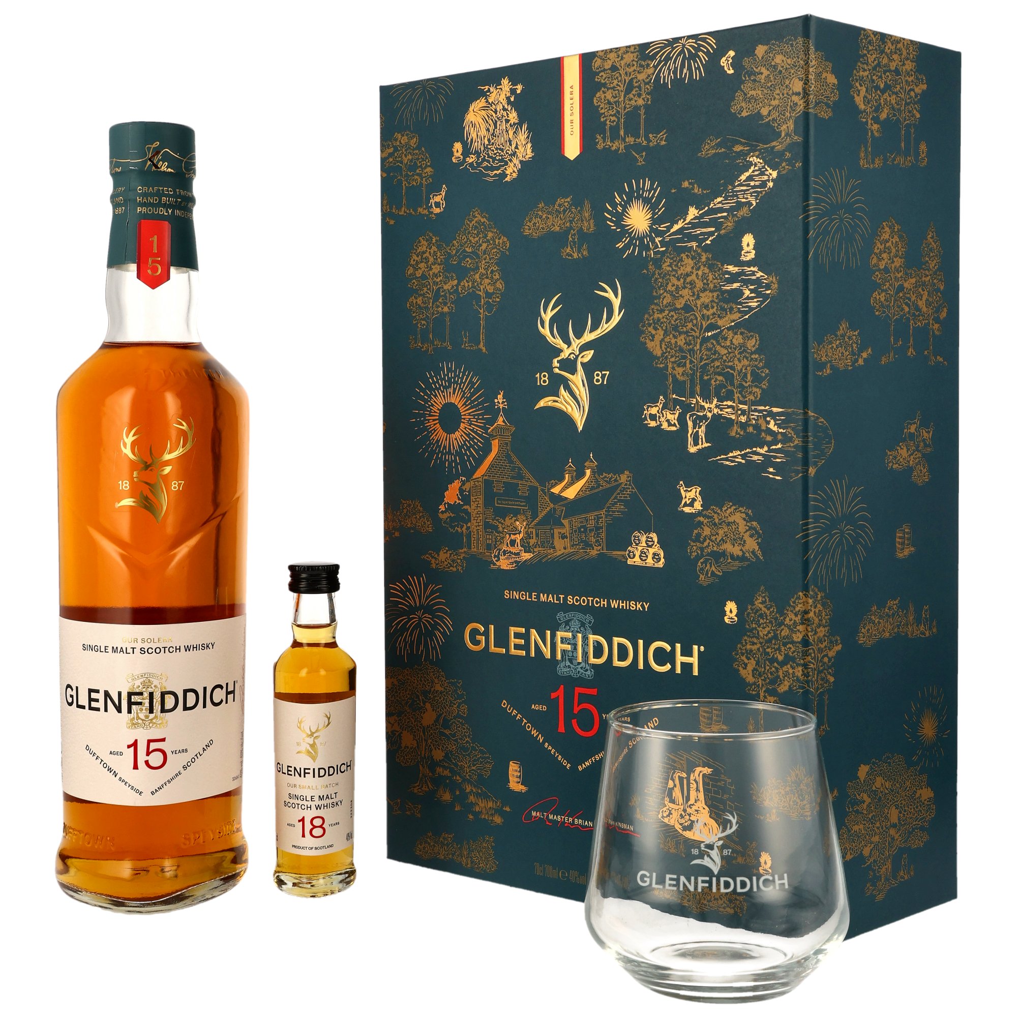 Glenfiddich 15 y.o. Solera + Glenfiddich 18 y.o. Mini und Tumbler