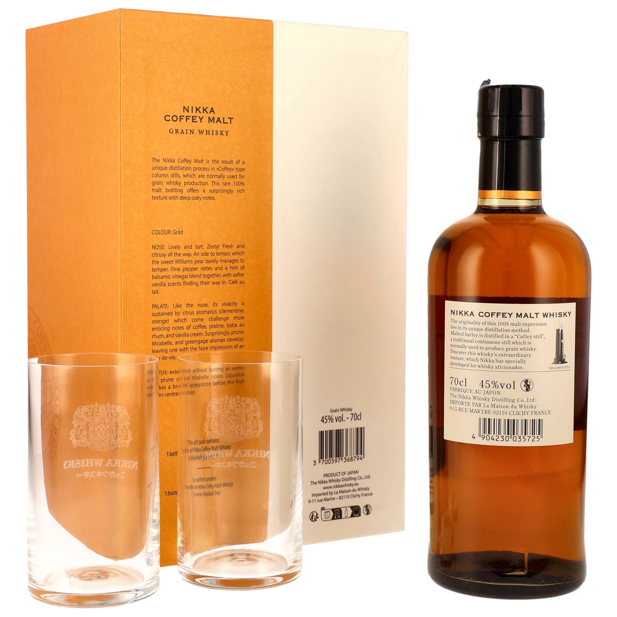 Nikka Coffey Malt Whisky mit 2 Gläsern