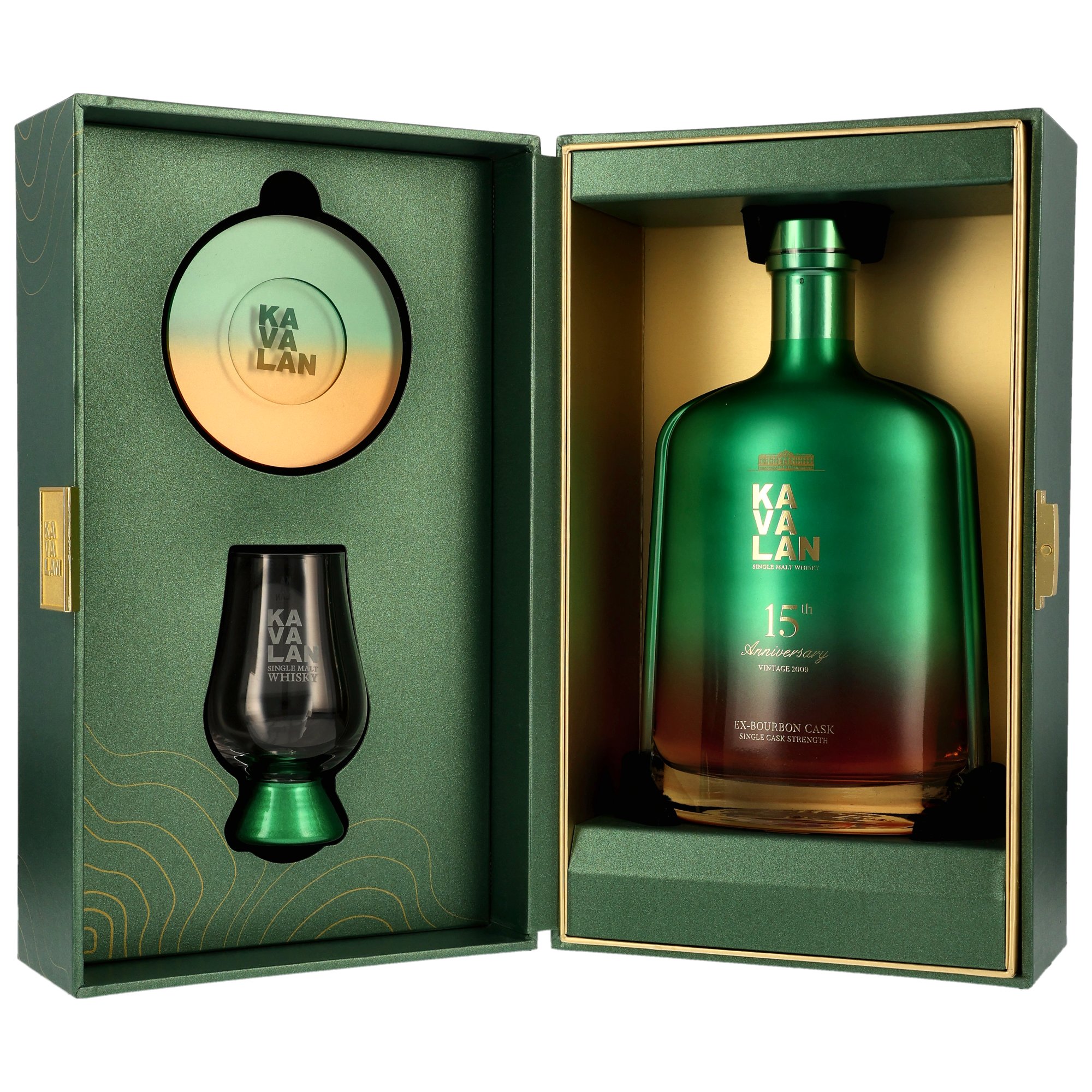 Kavalan 2009/2024 - 15 y.o. - Ex-Bourbon Cask #B090814025B - 15th Anniversary inc. Glas und Untersetzer